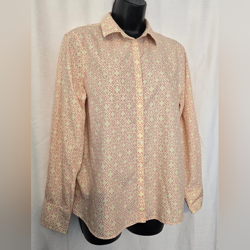 Lands' End Blouse - Pink Pale Yellow Pattern Baumwolle No Iron Supima Size 12 P - Picture 9 of 12